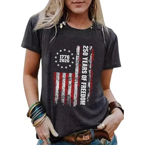 Women's Patriotic 1776 2026 T-Shirt 250 Years of Freedom American Flag Distressed Vintage Short Sleeve Tee USA Pride Top