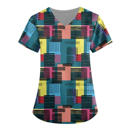 

QWERTYU Professionals Scrubs Top for Women V Neck Short Sleeve Nursing Scrubs Pockets Graphic T Shirt Holiday Casual Uniform Royal Blue XL
