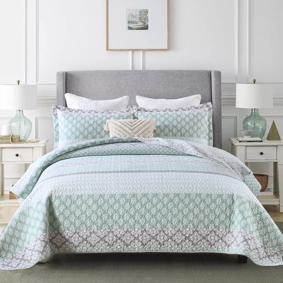 Dduoxin Edredón Floral Tamaño King – Edredón Reversible 100% Algodón Con 2 Fundas De Almohada, Colchas Suaves De Granja, Edredones Ligeros A Rayas, Juego De Cama Verde/Gris