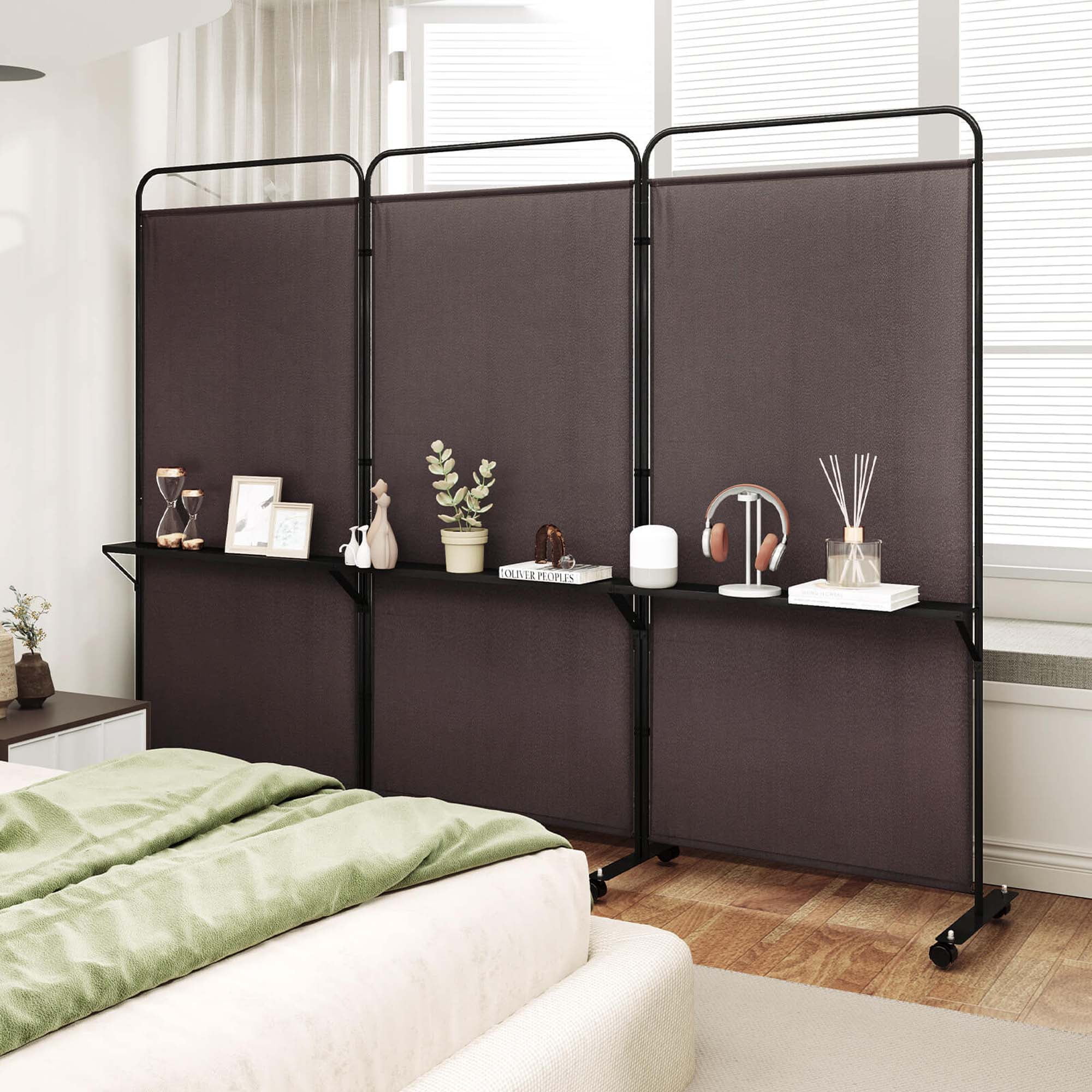 Costway 3-Panel Room Divider with Storage Shelves 6FT Tall Folding Privacy Screen on Wheels Brown