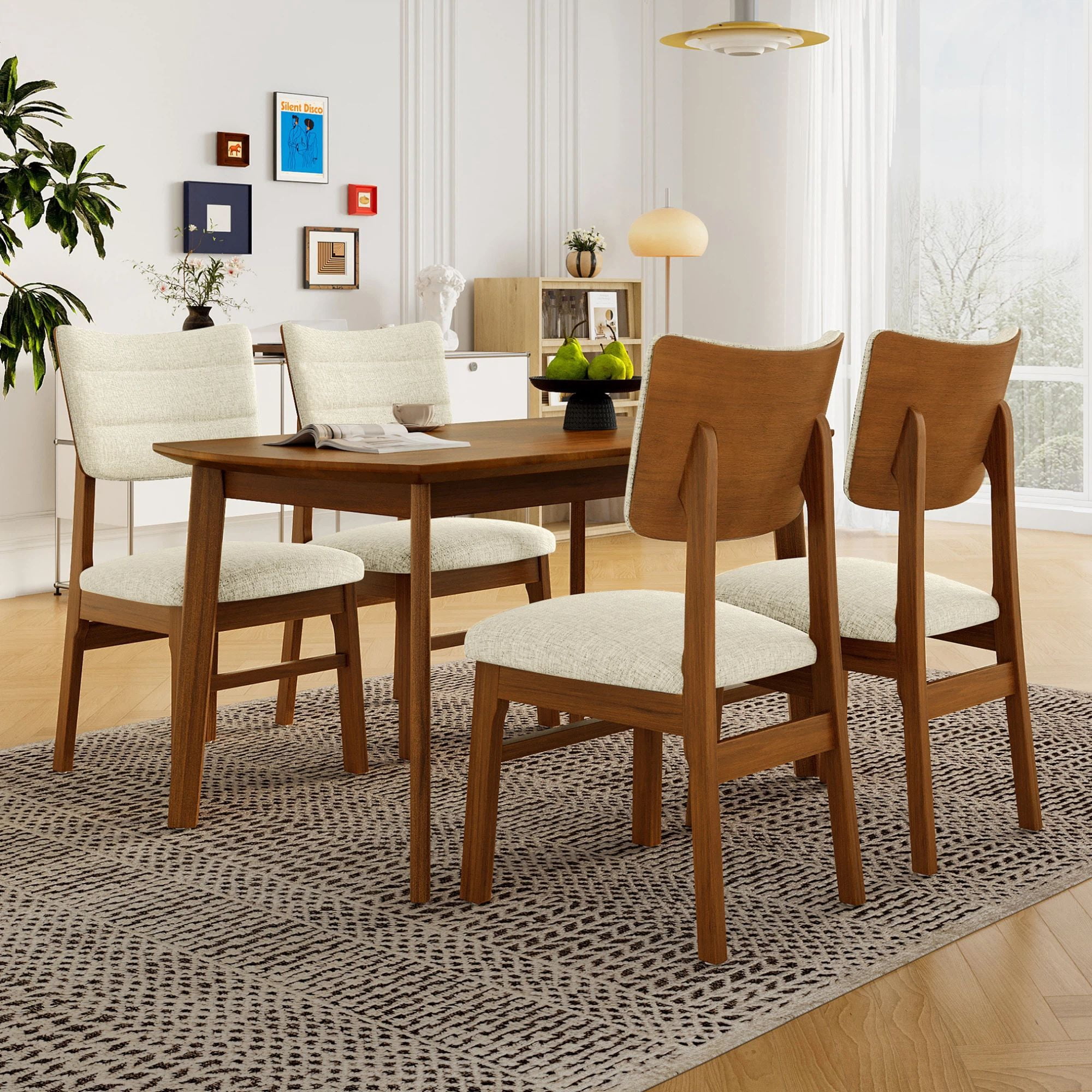 Euroco 5-Piece Wood Dining Table Set for 4,Farmhouse Kitchen Table & 4 Upholstered Chairs Set with Curved Backrest for Kitchen, Dining Room,Space-Saving,Brown+Biege