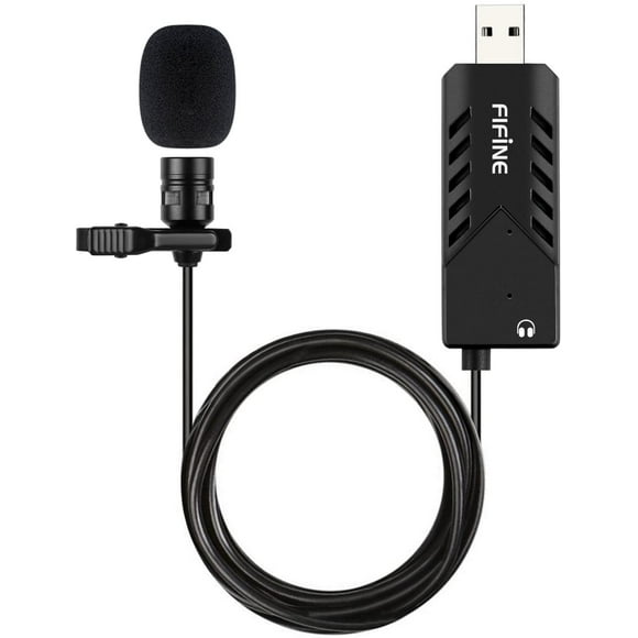 USB Lavalier Lapel Microphone, Fifine Clip-on Cardioid Condenser Computer Mic Plug and Play USB Microphone with Sound Card for PC and Mac-K053