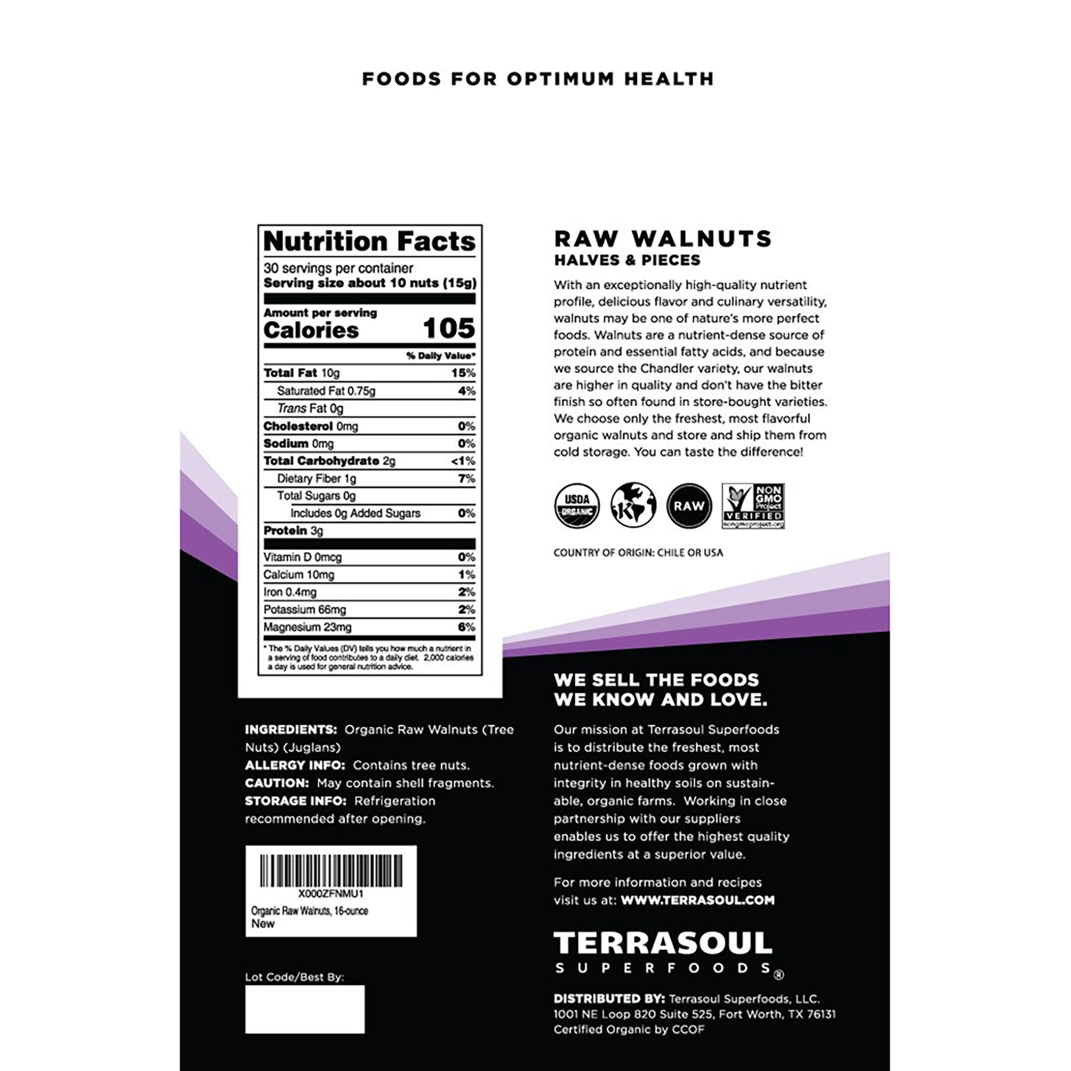 Terrasoul Superfoods Organic Raw Walnuts, 3 Lb (1 Lb 3-Pack) - Chandler Variety | Fresh | Light Color