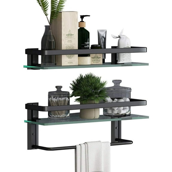 Towel Rack Glass Bathroom Shelf with Towel Bar,2 Tier,Black