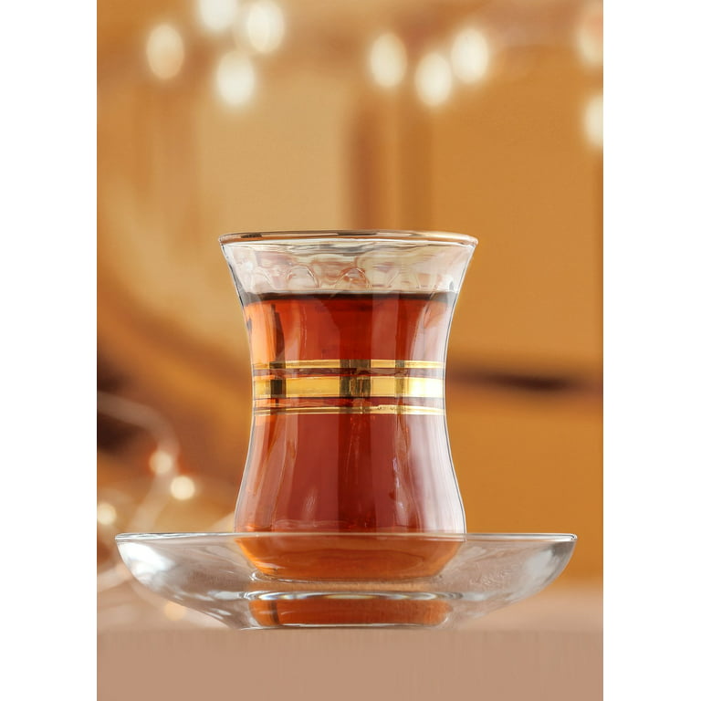 Turkish Tea Glasses & Saucers Set - Gold Trim Design