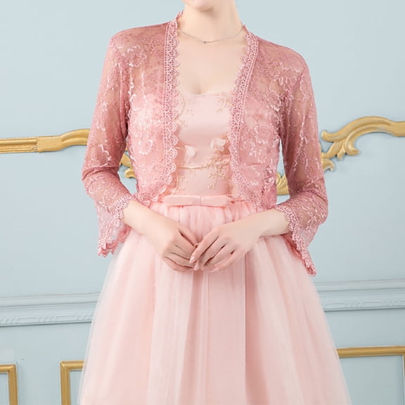 EliteGoogv Women Sheer Lace Bolero Jacket 3/4 Flare Sleeve Scalloped Edge Open Front Cardigan Bridal Wedding Cover Up For Evening Dress Formal Occasion Daily Wear,Pink,One Size