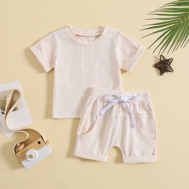 Toddler Baby Summer Clothes Solid Color Short Sleeve Round Neck T-Shirt with Shorts 2pcs Outfit
