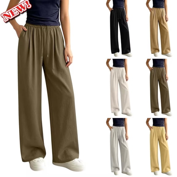 Taqqpue Womens Pants, Casual Loose Cotton Wide Leg Drawstring Elastic Waist Palazzo Lounge Pants,Solid Color Soft Lightweight Plus Size Beach Vacation Trouser Pants for Women
