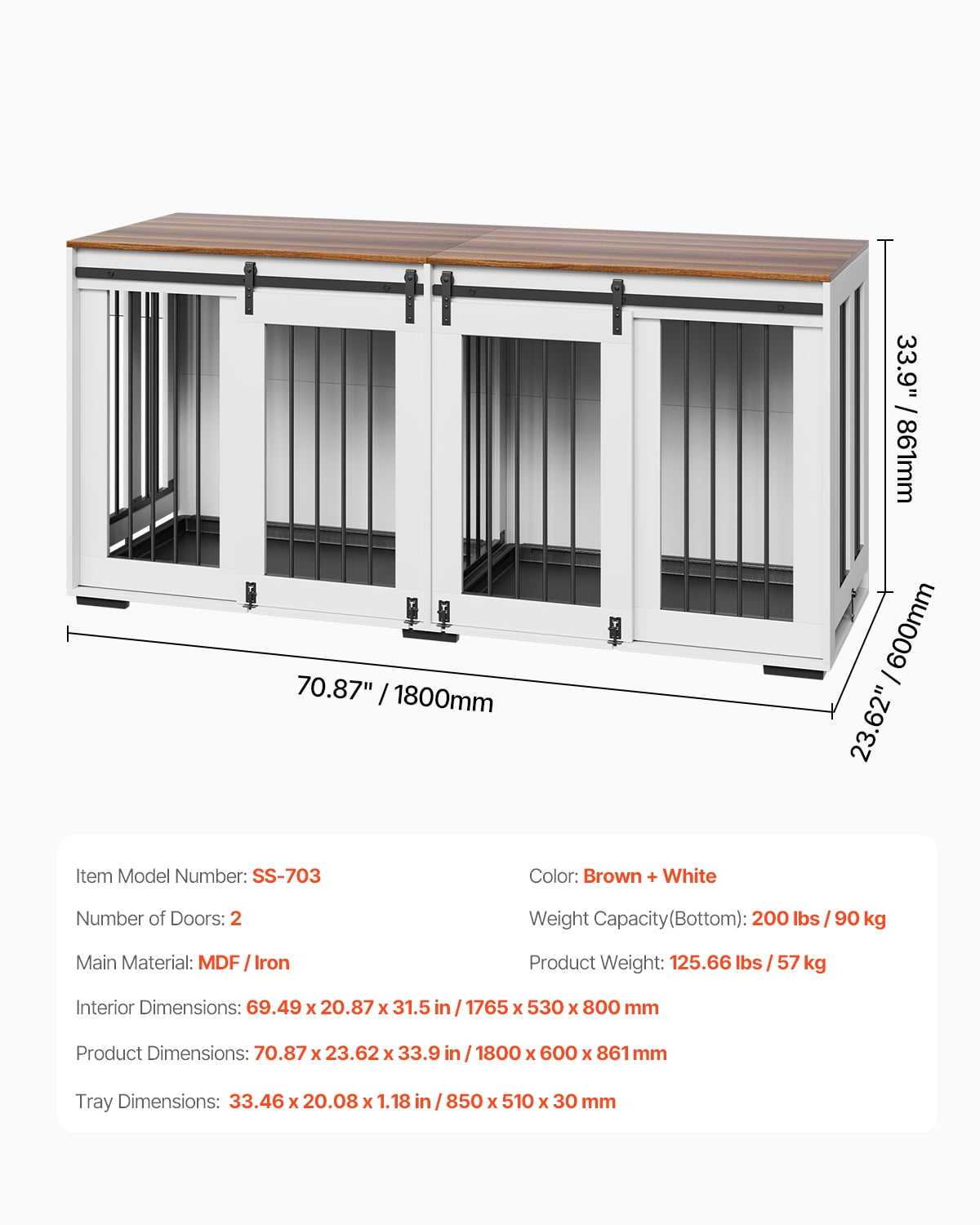 VEVOR 72"Dog Crate Furniture for 2Dogs,Double Dog Crate Furniture with Double Sliding Doors,Large Dog Crate TV Stand with Removable Tray,Steel Frame Double Dog Crate for Small,Medium,Large Dogs White