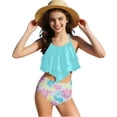 thumbnail image 1 of Wo-Fusoul Swimsuit for Girls 7-14 Years, Split Color Splicing Print Ruffle Tankini Two-Piece Set, Light Blue, Includes 1 Top and 1 Bottom, 1 of 7