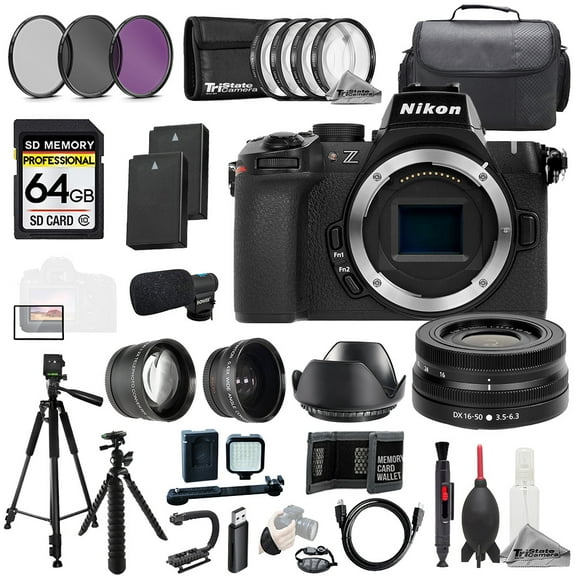 Nikon Z50 II   Z DX 16-50mm f/3.5-6.3 VR Lens   Mic  64GB  9 PC Filter-MEGA Kit (International Version)