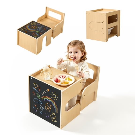 KFFKFF Montessori Wooden Weaning Table and Chair Set, Toddler Furniture for Ages 1-5, Multi-Use Step Stool with Blackboard and Storage, Easy-to-Clean Design for Meals, Art, Reading, and Playtime
