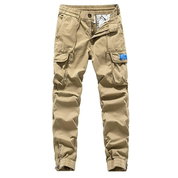 Pantalones largos de moda para hombre, casuales, de color sólido, cargo, con bolsillos y cremallera, cintura elástica, pantalones largos de algodón para hombre.