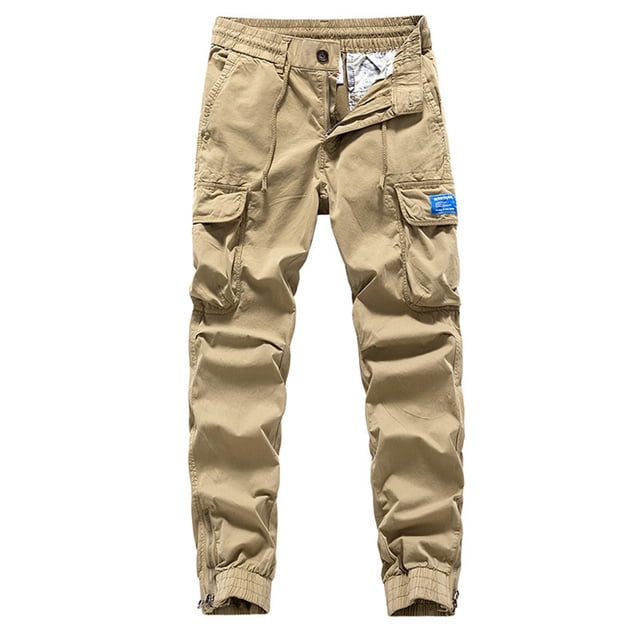 Pantalones largos de moda para hombre, casuales, de color sólido, cargo, con bolsillos y cremallera, cintura elástica, pantalones largos de algodón para hombre.