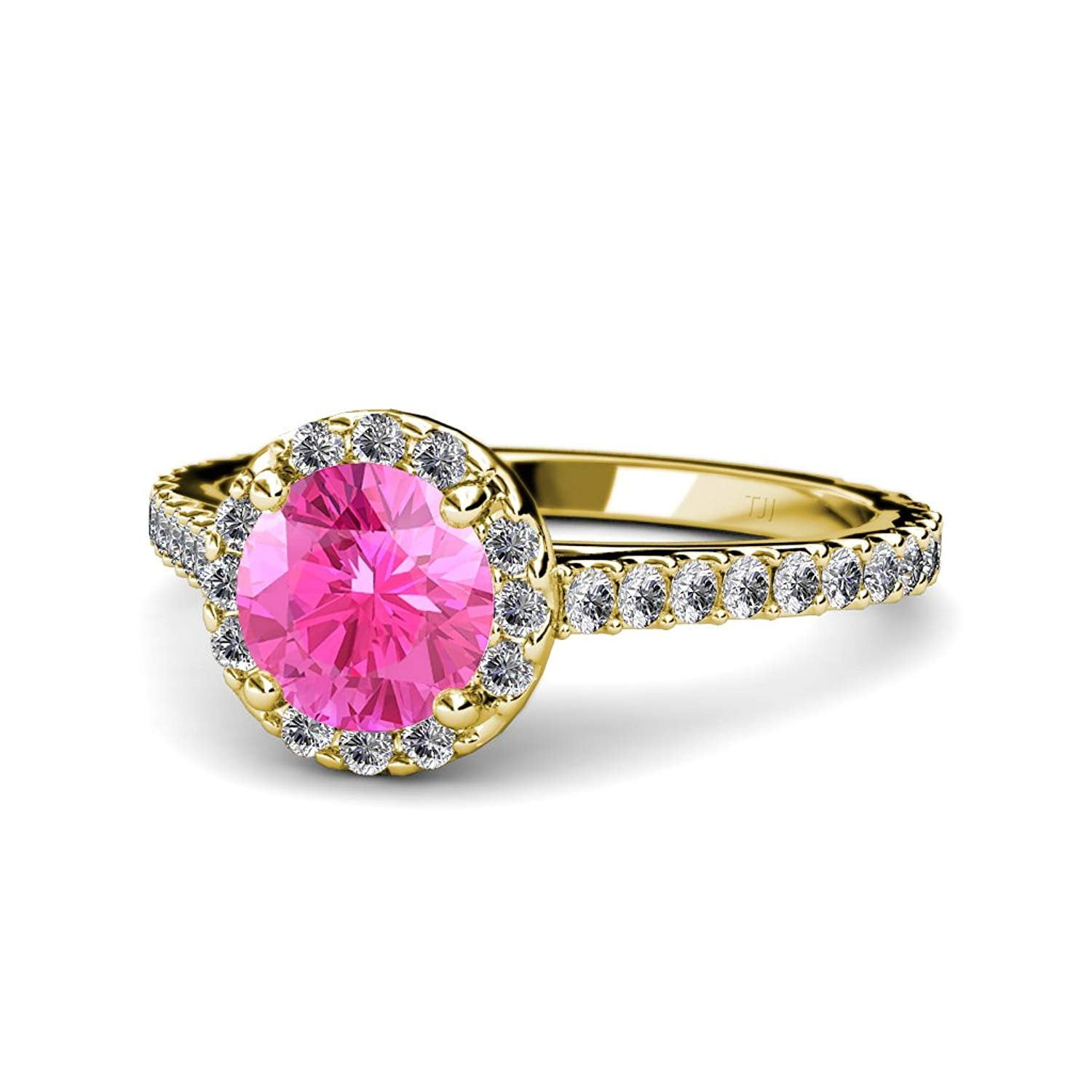 Pink Sapphire and Diamond (SI2-I1, G-H) Halo Engagement Ring 1.57 ct tw in 14K Yellow Gold.size 8.0 by TriJewels