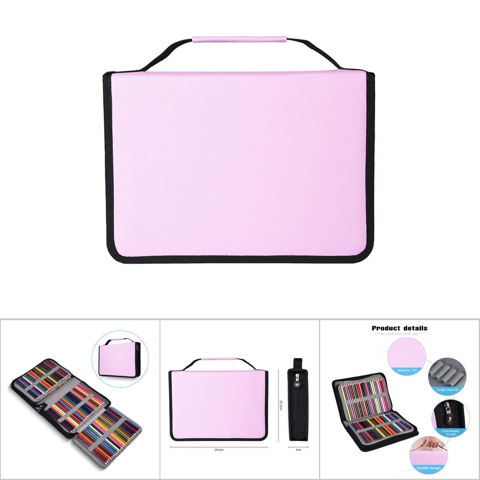 Rupoun Large 150‑Slot PU Leather & Fabric Pencil Case with Zipper, Long Handle – Pink