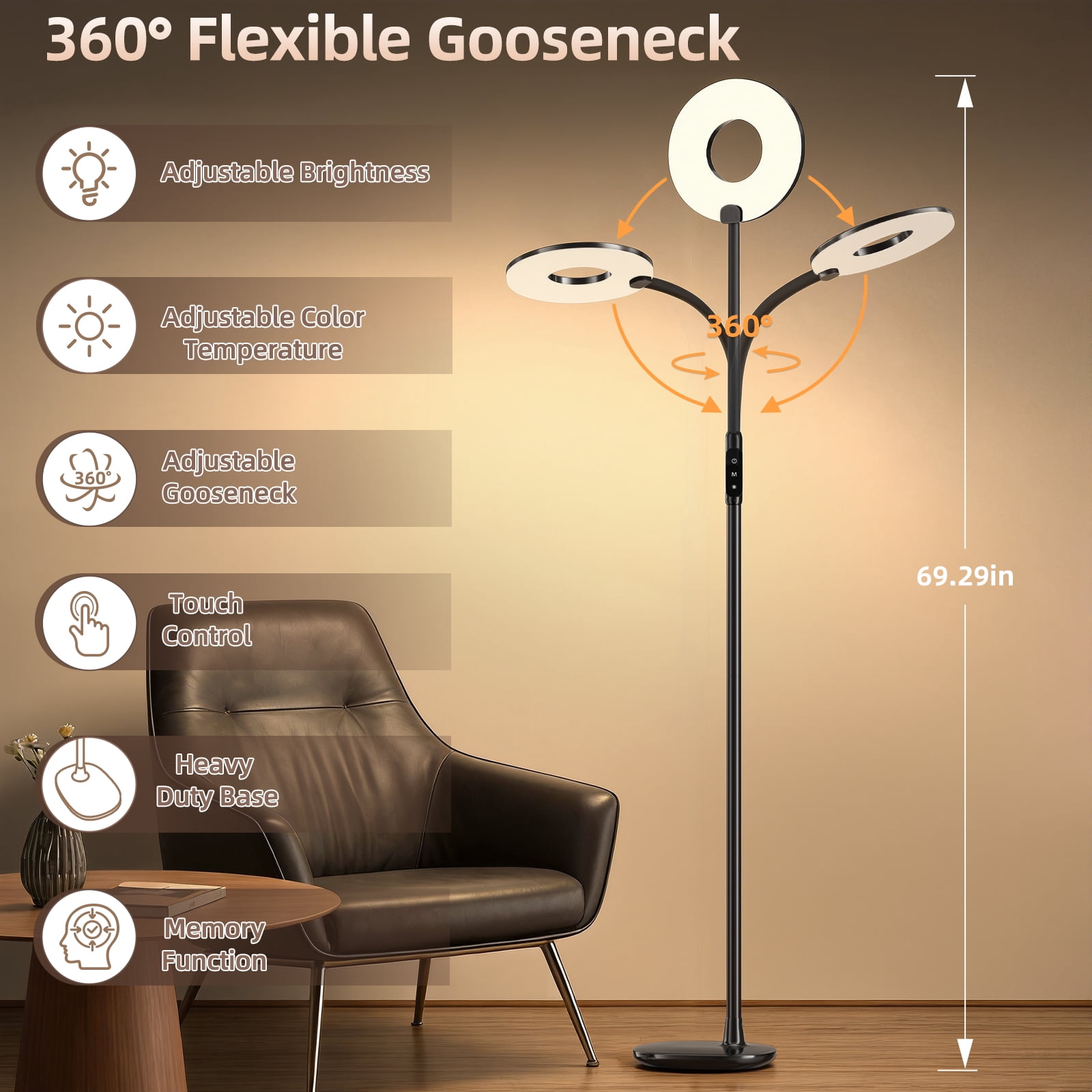 NATYSWAN LED Floor Lamp ,Modern Black Tall Standing Lamp for Living Room, Bedroom,70in Dimmable Floor Reading Light with 3 Color Temperatures&Gooseneck&Touch Control