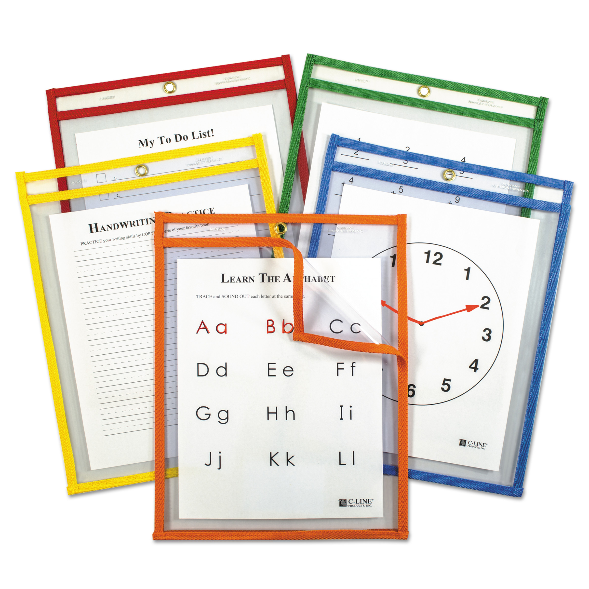 CLine Reusable Dry Erase Pockets, 9 x 12, Assorted Primary Colors, 5