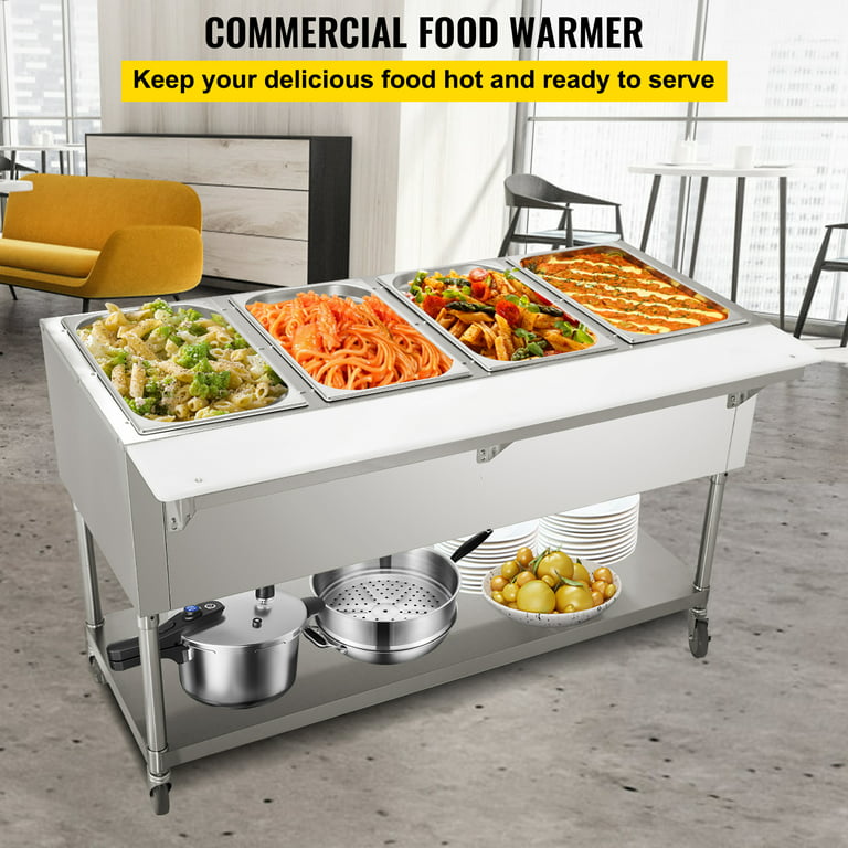 BENTISM Commercial Electric Food Warmer, 4-Pot Steam Table Food Warmer  0-100℃ with 4 Lockable Wheels, Professional Stainless Steel Material with  ETL Certification for Catering and Restaurants 