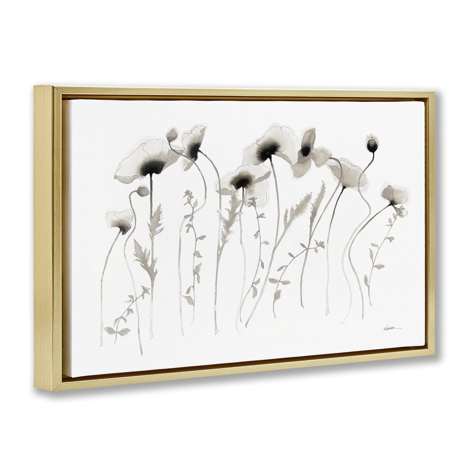 Stupell Industries White Poppy Sprigs Botanical & Floral Painting Gold Floater Framed Art Print Wall Art, 25 x 17