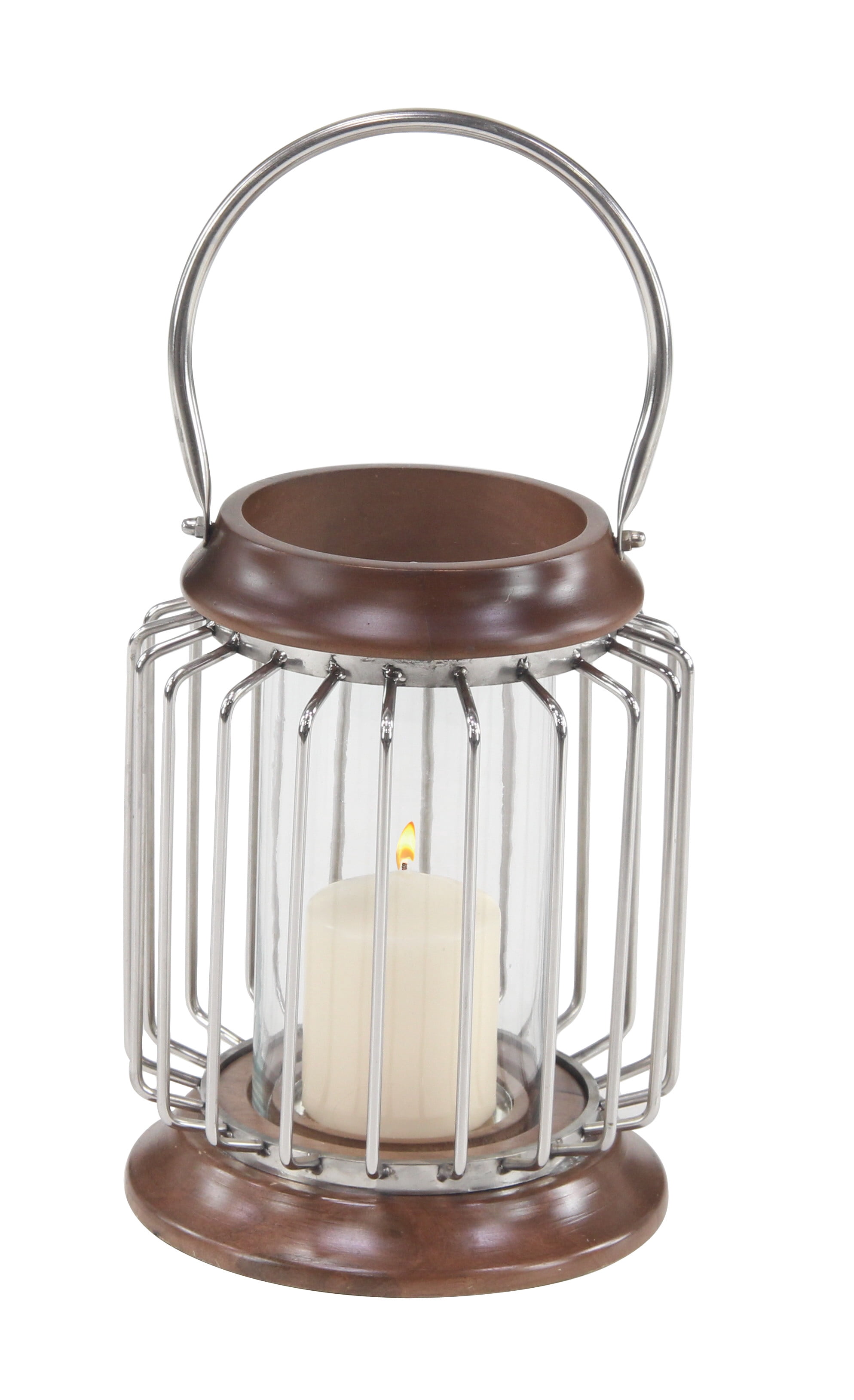 Decmode - Large Wood & Metal Bar Hanging Lantern with Handle & Hurricane Glass Candle Holder, 9” x 11”