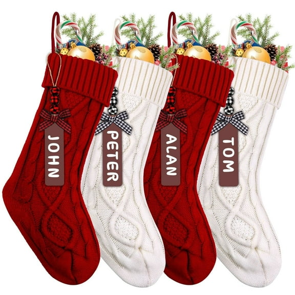 4PCS Christmas Stockings, 18inch Large Personalized Cable Knitted Xmas Hanging Stocking Decorations with Name Tags for Holiday Christmas Party Family Decor (Red and White)