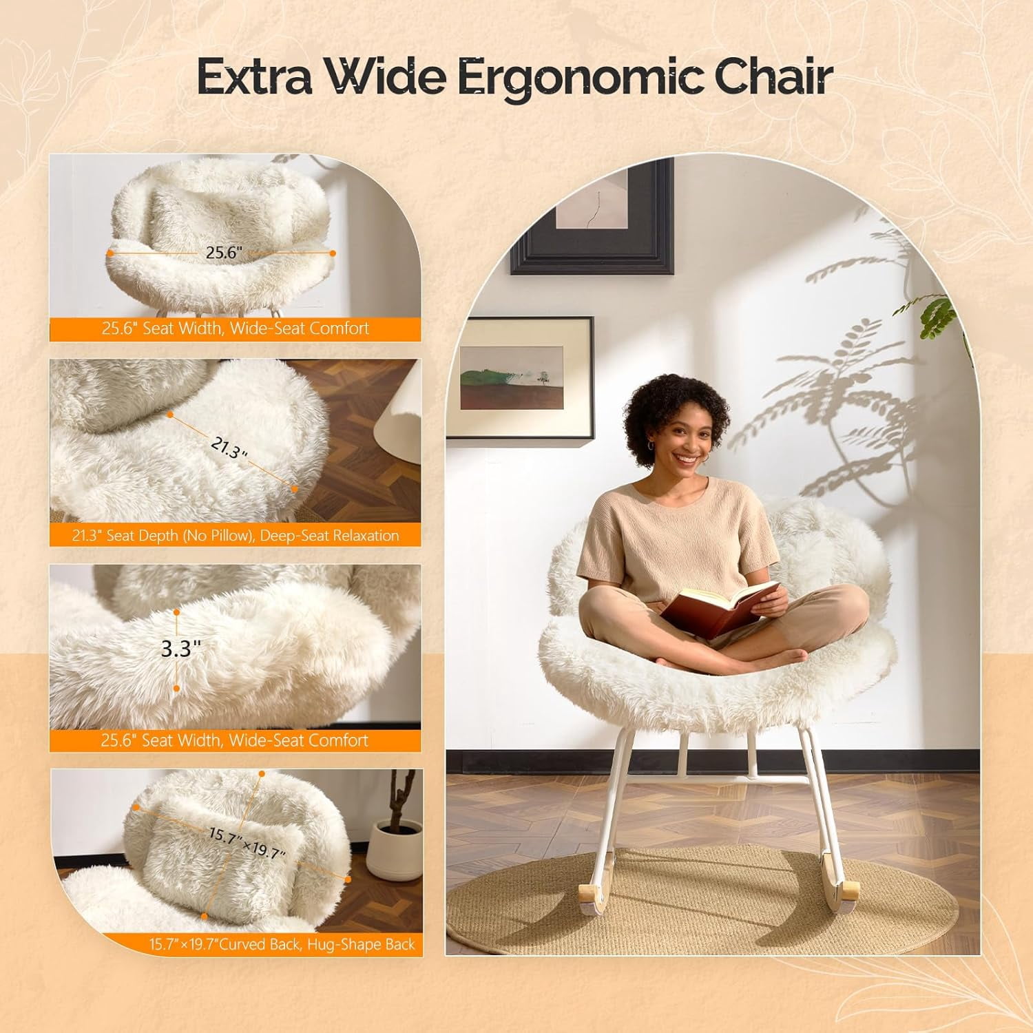 HJTER 25.6" Extra Wide Criss Cross Nursery Rocking Chair,Cute Curved 115° Reclining Armless Glider,Plush Small Rocker w/Pillow & Solid Wood for Indoor,Bedroom, Living Room,Fluffy Fleece,White