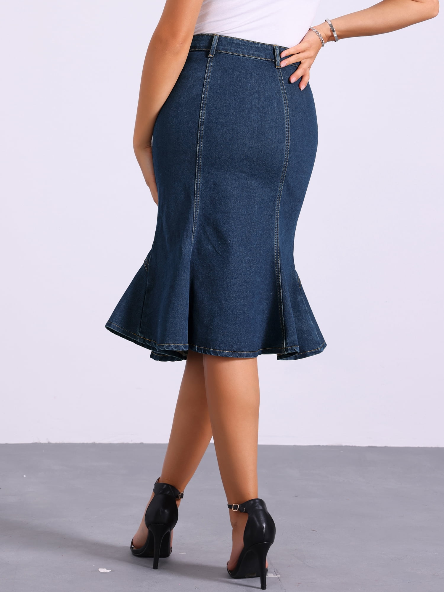 DARING DIVA Women's Denim Jean Bodycon Ruffles Fishtail Skirts M Deep Blue