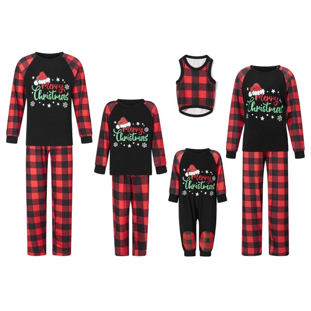 Pijamas navideños familiares a juego, mono/camiseta de manga larga con estampado de letras y pantalón a cuadros. Conjunto de ropa de estar por casa.