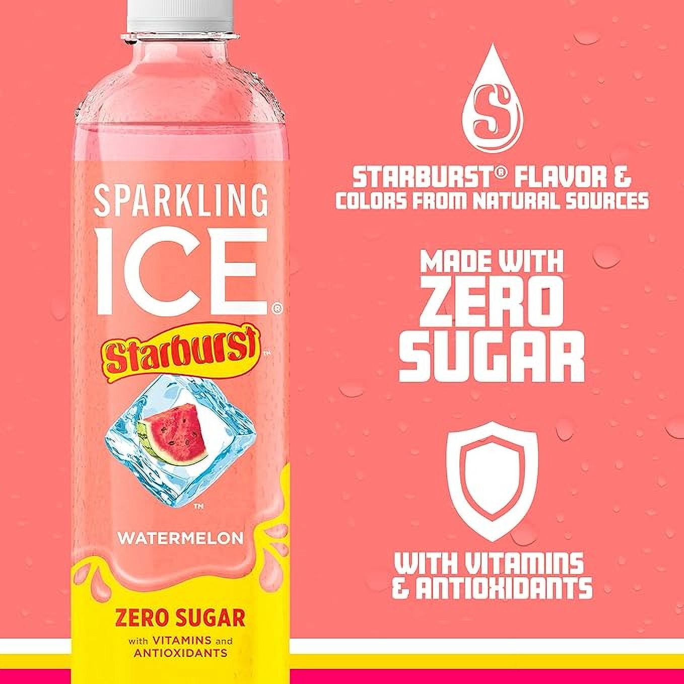 Sparkling Ice STARBURST Watermelon, Zero Sugar Flavored Sparkling Water, 17 fl oz Bottles (Pack of 12)