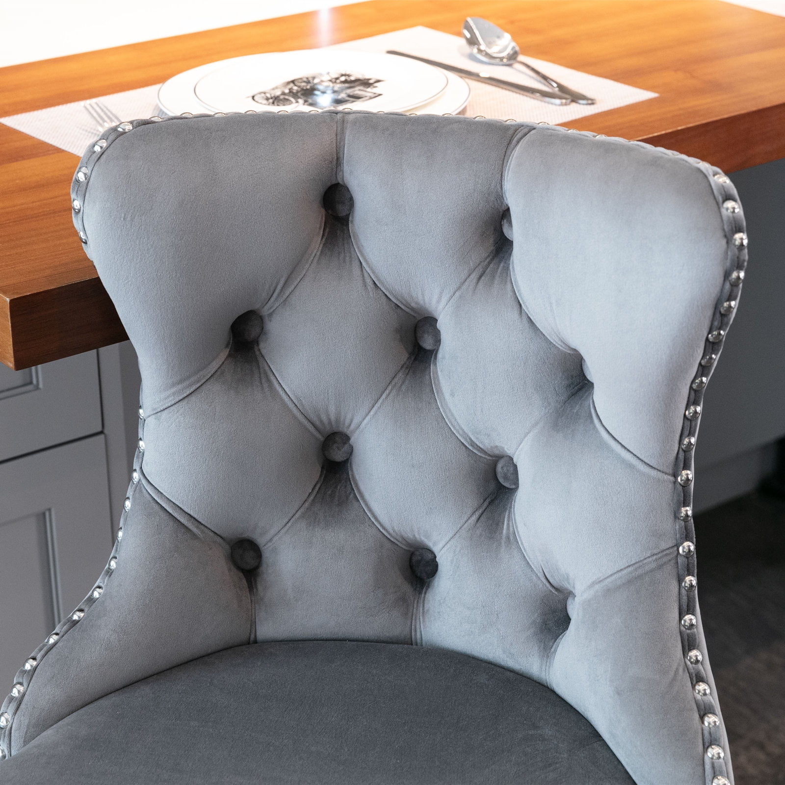 Swivel Bar Chairs Height Adjustable Upholstered Velvet Bar Stools Chrome base with Tufted Back for Home Pub and Kitchen Island Dining Room(Gray,Set of 6)