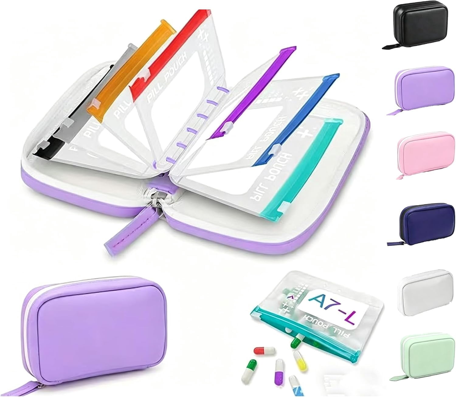 A8 Waterproof Pill Pouch Set, Weekly Pill Organizer with 14 Color Coded Medicine Pouches, Large Reusable Travel Medicine Case, Crush Resistant Waterproof Zipper Storage for Vitamins Fish (A)