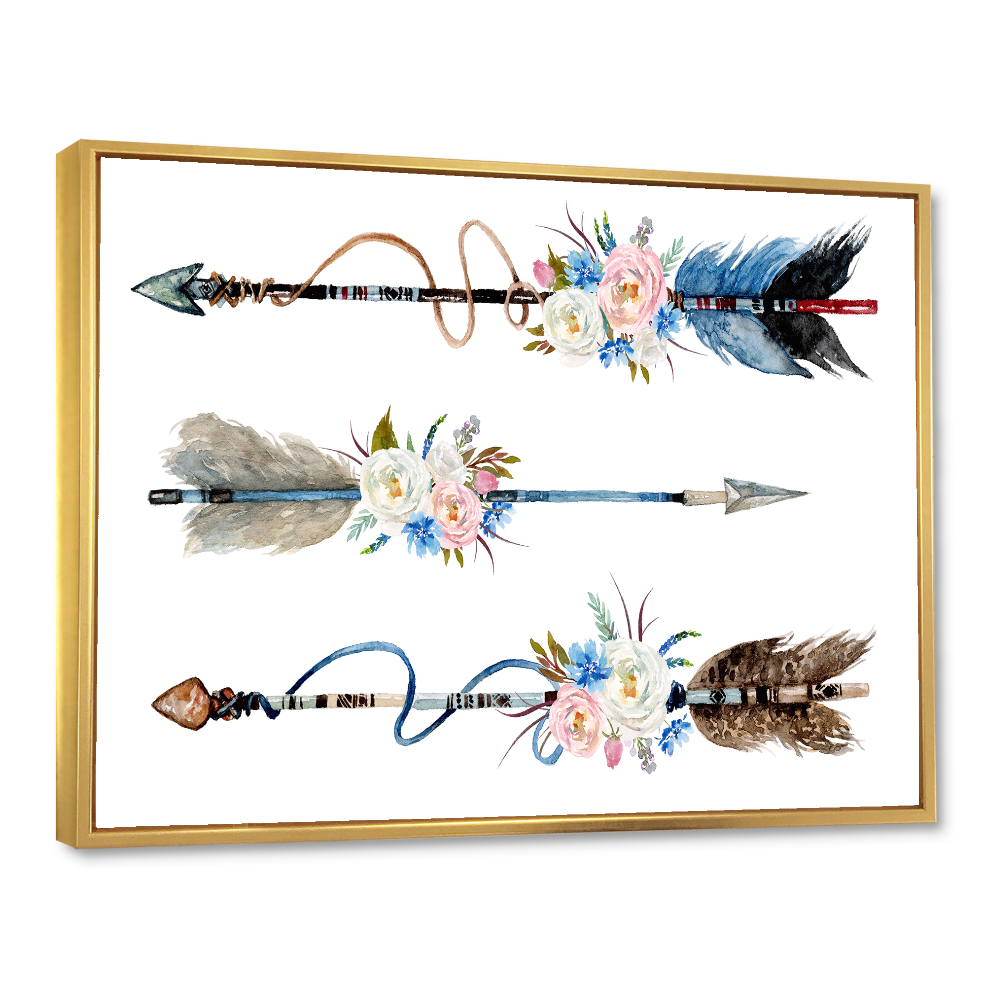 Designart 'Flowers and Ethnic Feathers On Native Arrows I' Bohemian & Eclectic Framed Canvas Wall Art Print
