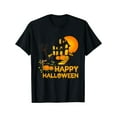 thumbnail image 1 of Halloween T-shirt -Happy Halloween T-Shirt for Kids - Funny Pumpkin & Haunted House Design, Black Casual Crew Neck Tee, Perfect for Parties, Beach, and Outdoor Fun, Halloween Shirts, 1 of 6