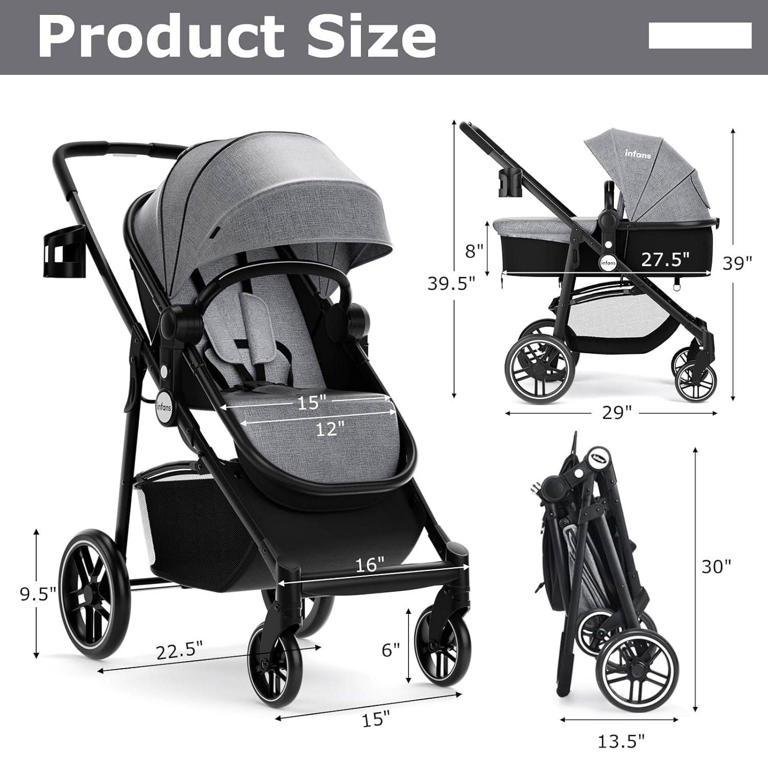 INFANS 2 in 1 Baby Stroller, High Landscape Infant Stroller, Foldable Pushchair with Adjustable Canopy, Cup Holder, Storage Basket, Suspension Wheels (Gray)