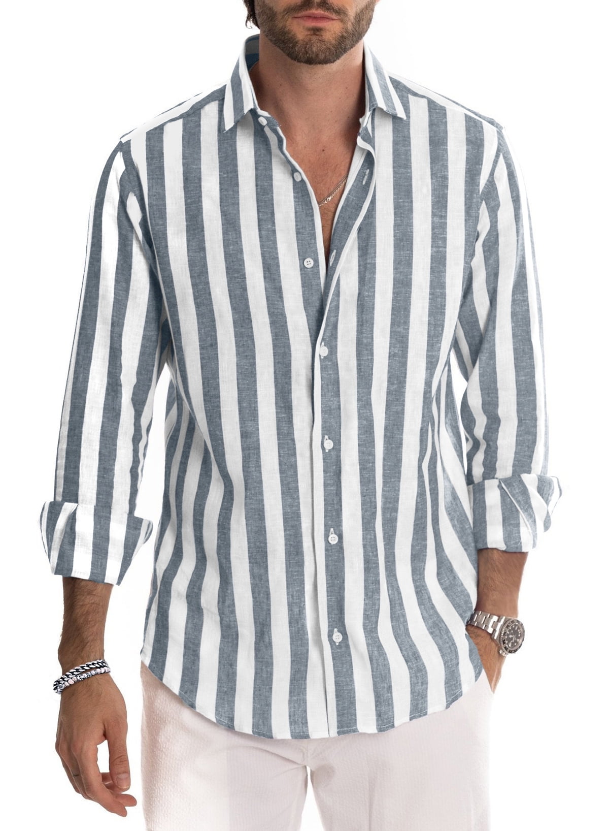 Chase Secret Men's Shirts Long Sleeve Button Down Striped Casual Linen ...
