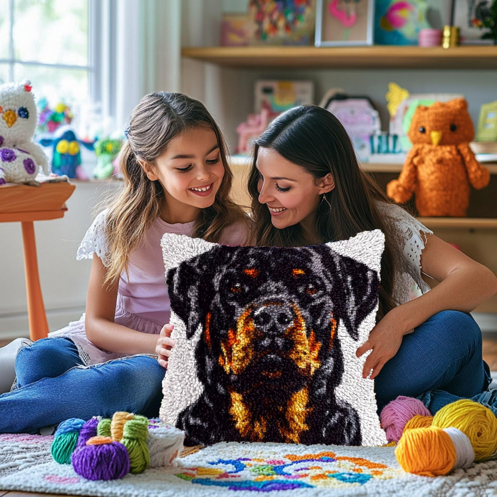 Black Dog Rottweiller DIY Latch Hook Pillow Kits for Adults Printed Pillowcase Crochet Yarns Hooking Handmade Pillow Cover Cushion for Home Sofa Decoration 17x17inch(2)