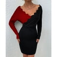 thumbnail image 2 of Vestido de punto Cuello en V Ondulado Manga larga Poliéster Moda Lavable a máquina Ropa de mujer Rojo M, 2 of 7