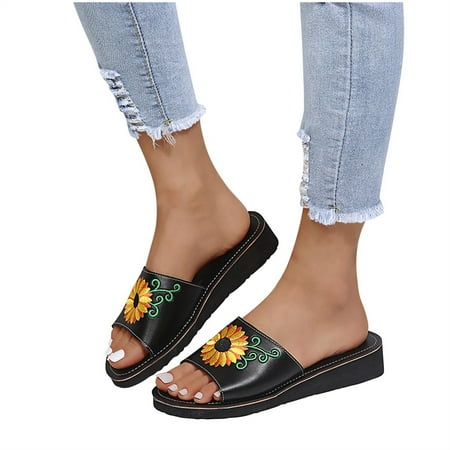 

SHENGXINY Summer Women Slippers Beach Slide PU Sandals Flowers Sunflower Non-Slip Soft Sole Men Ladies Couple Home Outdoor Shoes