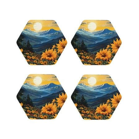 

Tideii Elegant Sunset Sunflower for Leather Coasters 4 Pieces Anti-fouling and Anti-scalding Decorative Coasters Suitable for Restaurants Kitchens Coffee Shops-Hexagon