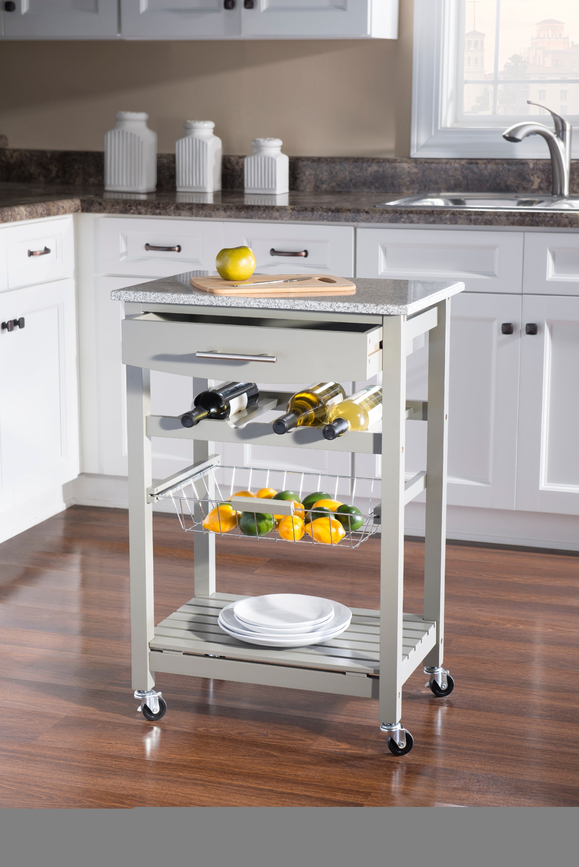 Linon Neyrey Mobile Kitchen Island, Gray Finish with Gray and White Speckled Granite Top
