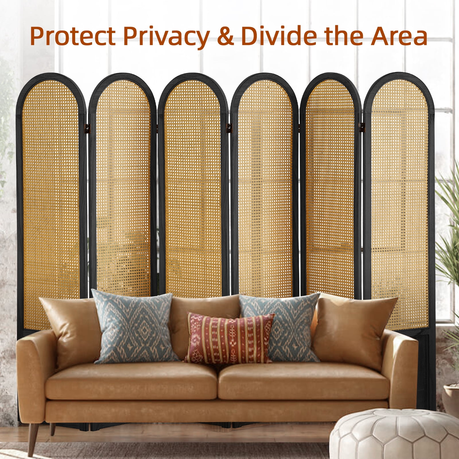 Aletheiawu 6 Panel Rattan Room Divider and Folding Privacy Screens, No Installation Required, Black