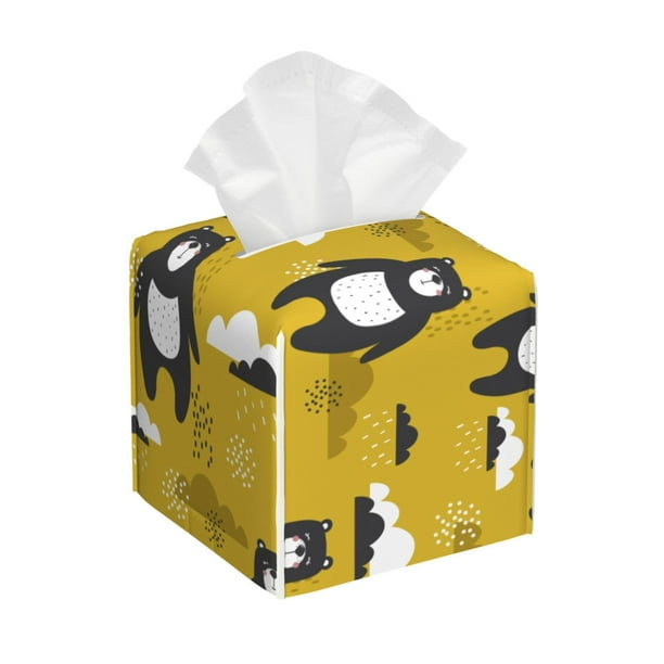 Balery Cartoon Bear Yellow Porta Pañuelos de Cuero con Estampado – Funda Moderna Cuadrada para Caja de Pañuelos, Dispensador 5x5x5''