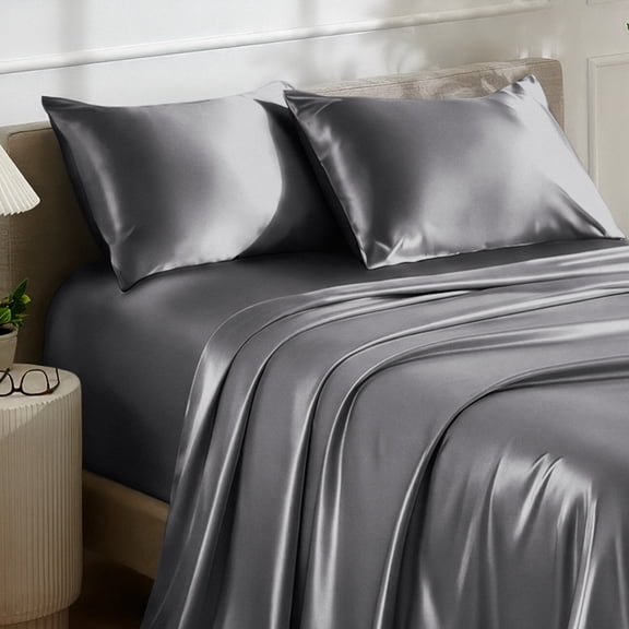 Bare Home Luxury Poly Satin Sheet Set for Hair and Skin, 15” Deep Pockets, Queen, Gray