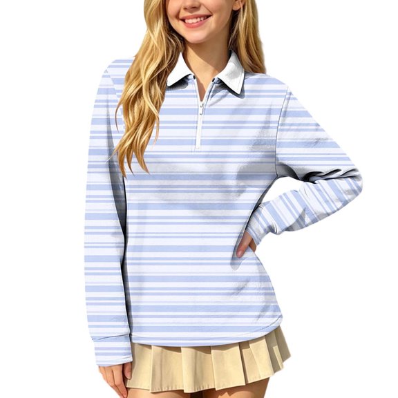 SERTGUTR Girls Striped Half Zip Shirt, Long Sleeve Turn Down Collar Top, Loose Casual School Uniform Shirt, Everyday Outdoor Daily Shirt