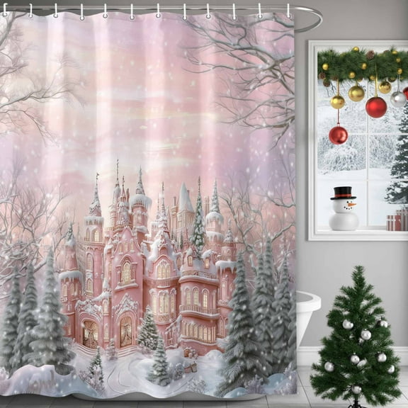 Christmas Shower Curtains for Bathroom, Snow Scene Pink Town Pine Tree Snowflakes Waterproof Fabric Shower Curtain for Bathroom Bathtub Decoration, Machine Washable, 36"x72"