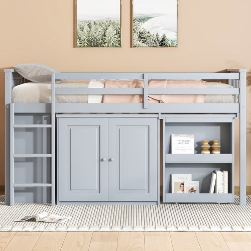 Twin Loft Bed with Pull Out Desk and Storage Cabinets, Study Loft Bed with Shelves and Drawers, Grey Rubber Wood Loft Bed with Safety Guardrail and Ladder