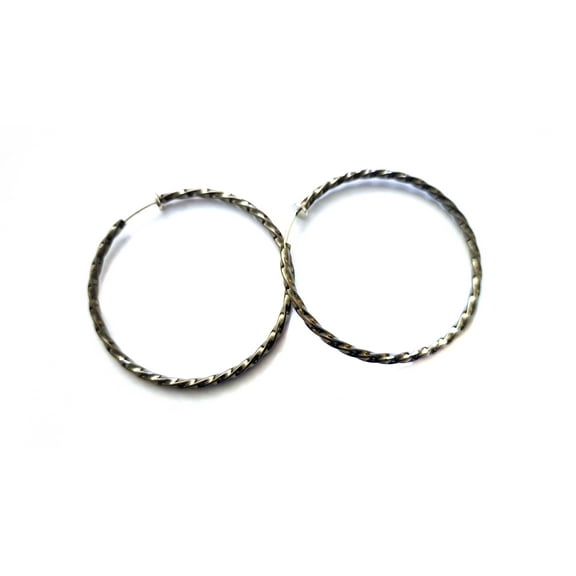Clip-on Earrings Hematite Silver Gun Metal Hoop Textured Earrings 2.25 inch