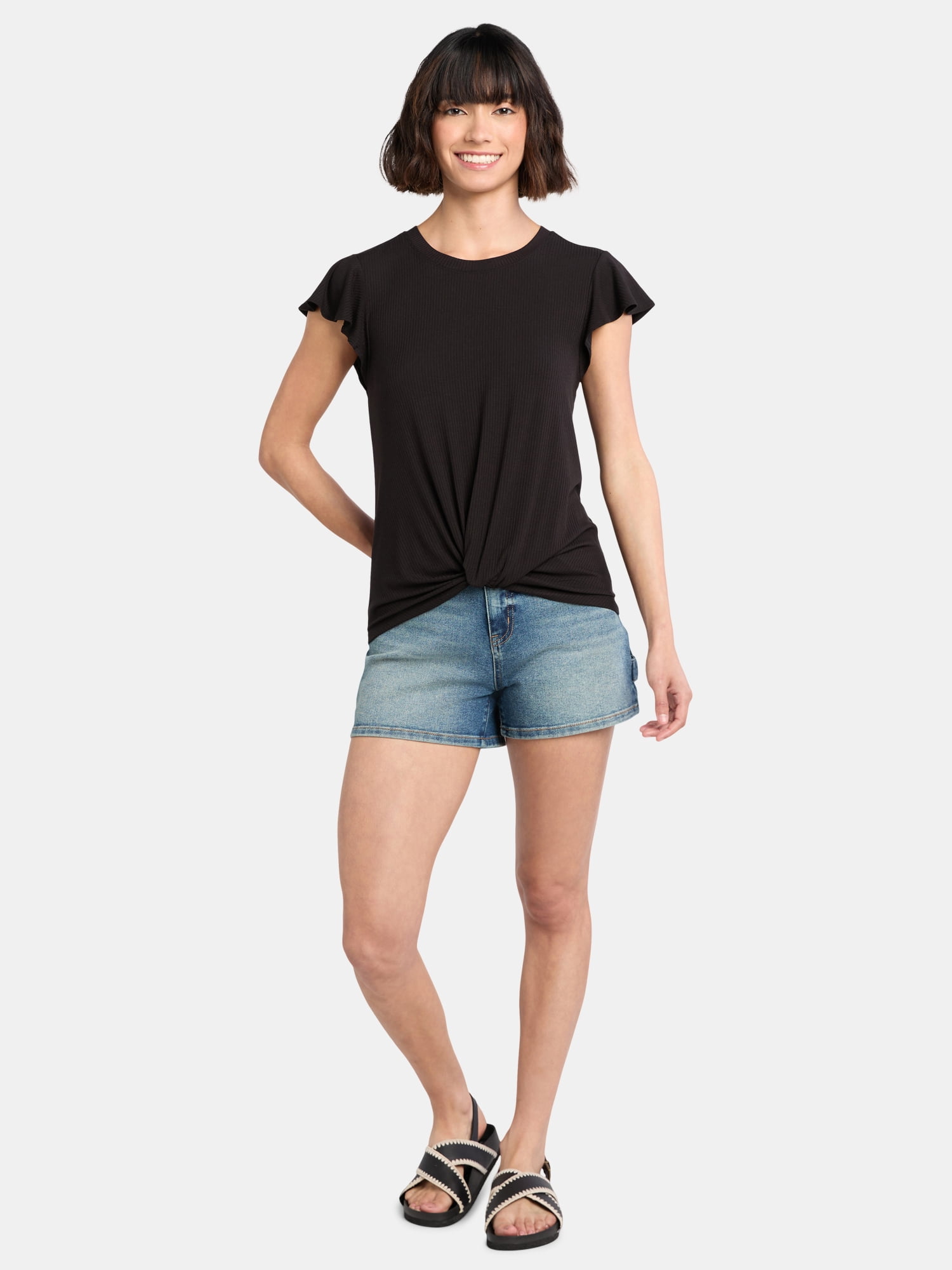 Time and Tru Women's Crew Neck Short Sleeve Flutter Twist Top, Sizes XS-XXXL