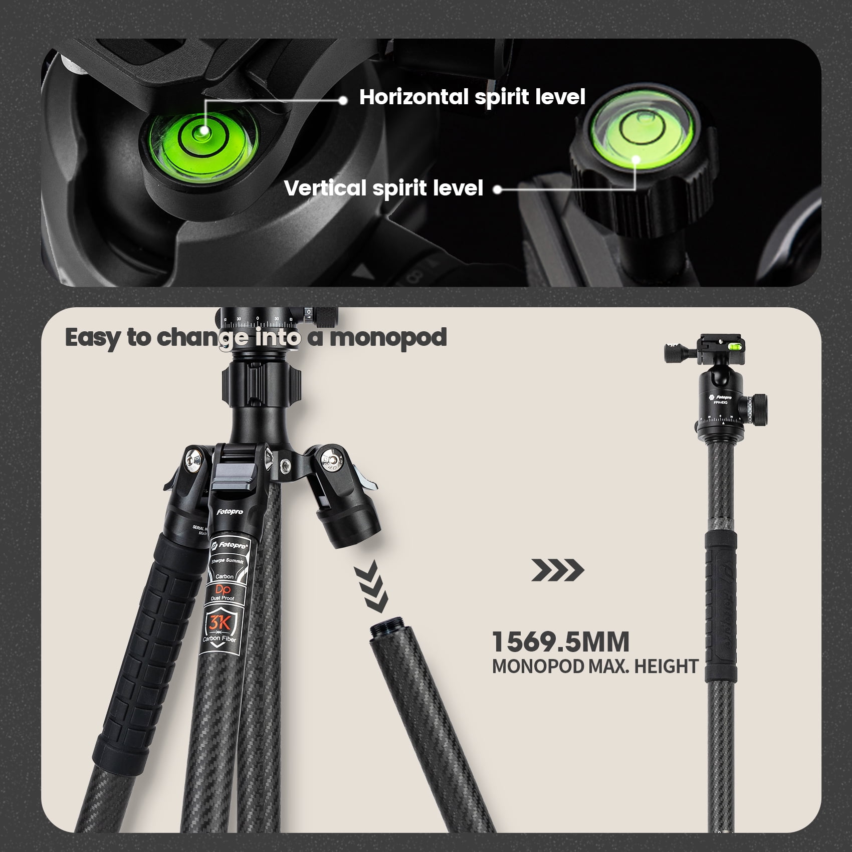 Fotopro 68.8" Carbon Fiber Travel Tripod with Ball Head, Lightweight Camera Tripod Stand for Video Recording, QR Plate, Hidden Phone Clip, Max Load 26.5 lbs, Converts to 72.4" Monopod, Sherpa Summit